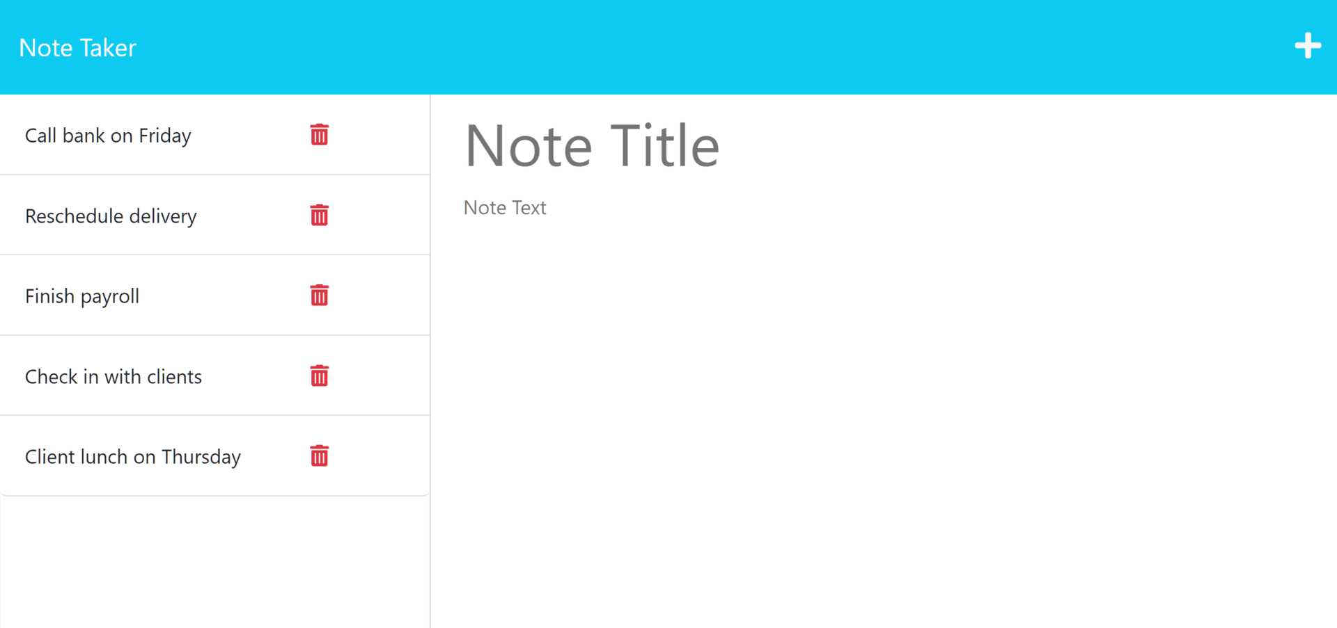 Existing notes are listed in the left-hand column with empty fields on the right-hand side for the new note’s title and text.