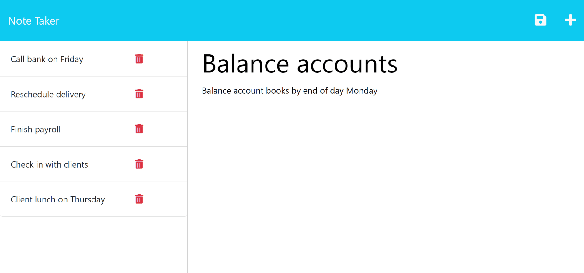 Note titled “Balance accounts” reads, “Balance account books by end of day Monday,” with other notes listed on the left.